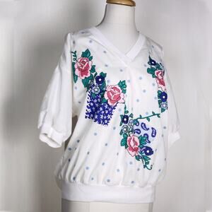 Vintage Caribou Floral Polka Dot Top Ribbed Waist V-Neck Poly Cotton M – Hey Viv